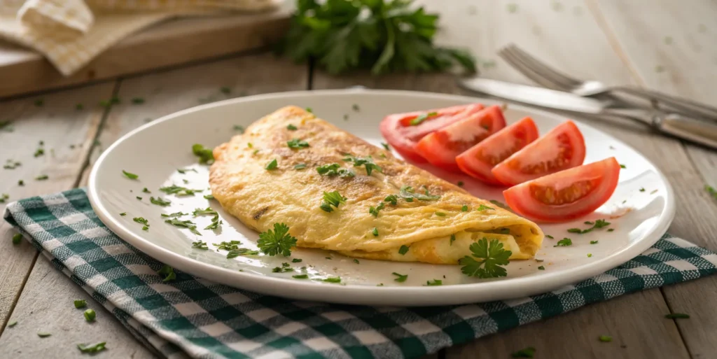 Golden cabbage and egg RECIPE omelet with melted cheese and green onions in a frying pan.