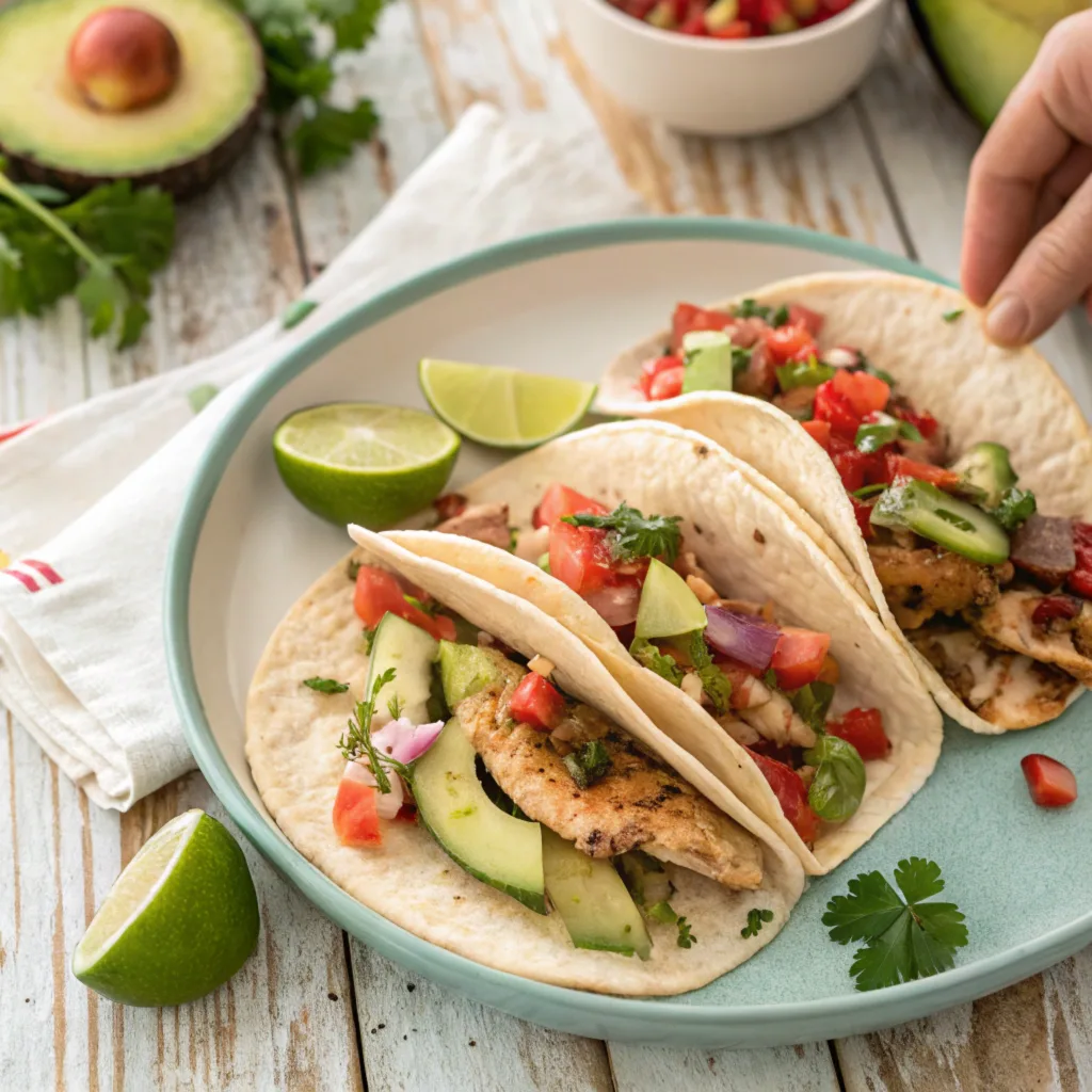 A colorful and inviting display of chicken tacos served with fresh toppings, perfect for taco night.