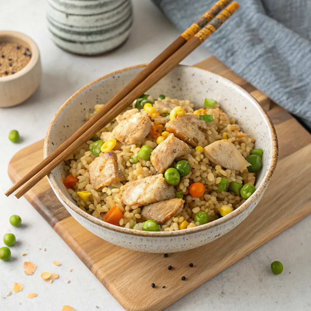 Benihana chicken fried rice served on a white plate with chopsticks and soy sauce.