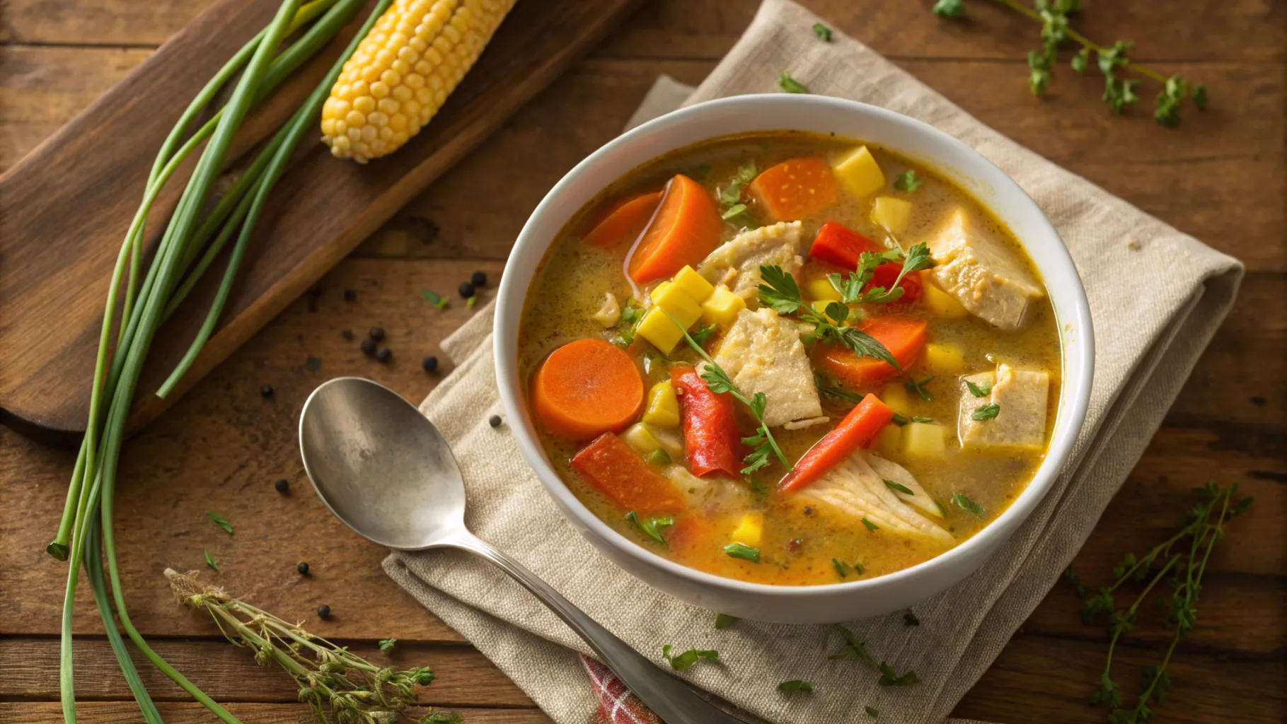 A steaming bowl of Jamaican chicken soup with vibrant vegetables and a Scotch bonnet