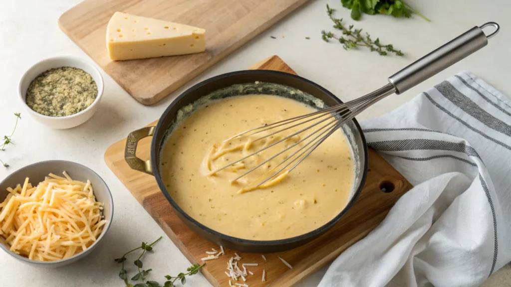 Creamy cheese sauce being whisked in a pan for Tini's Mac and Cheese Recipe