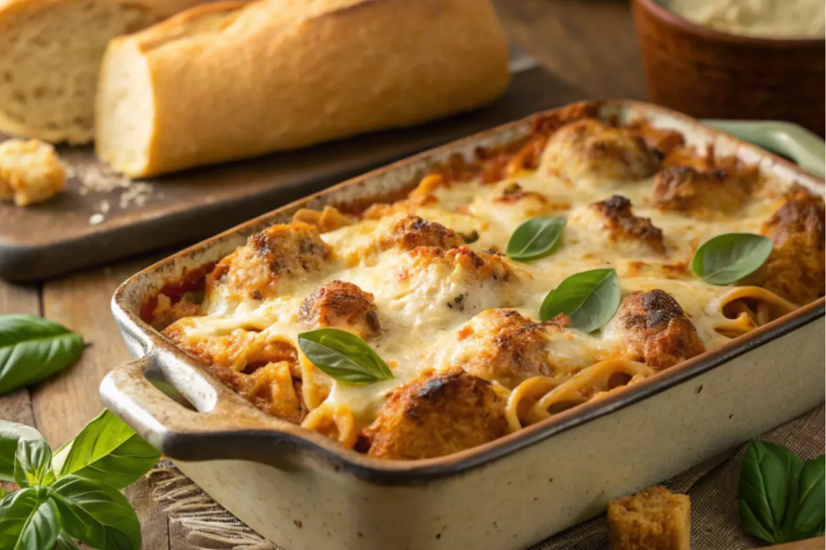 A serving of chicken parmesan pasta bake with garlic bread and salad.