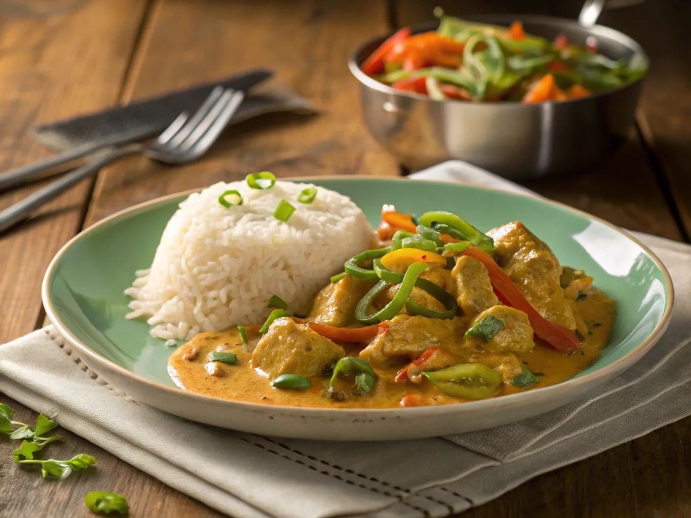 Plate of chicken with peanut butter sauce, rice, and vegetables, garnished with green onions and sesame seeds.