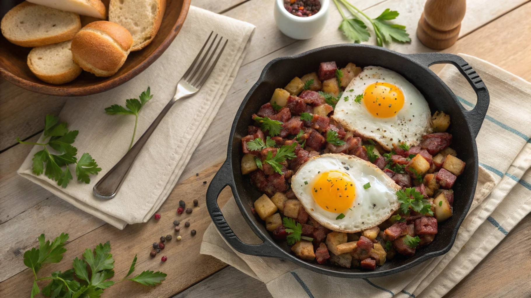 A hearty corned beef hash without potatoes served in a cast-iron skillet with fried eggs and fresh parsley garnish.