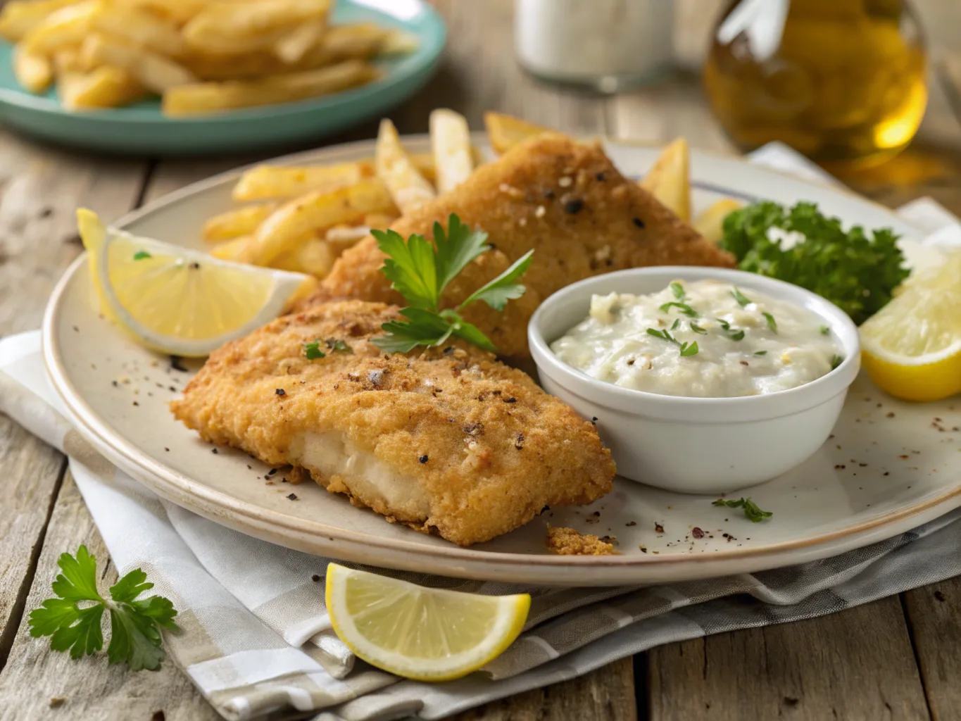 Golden fried fish served with tartar sauce and lemon wedges.