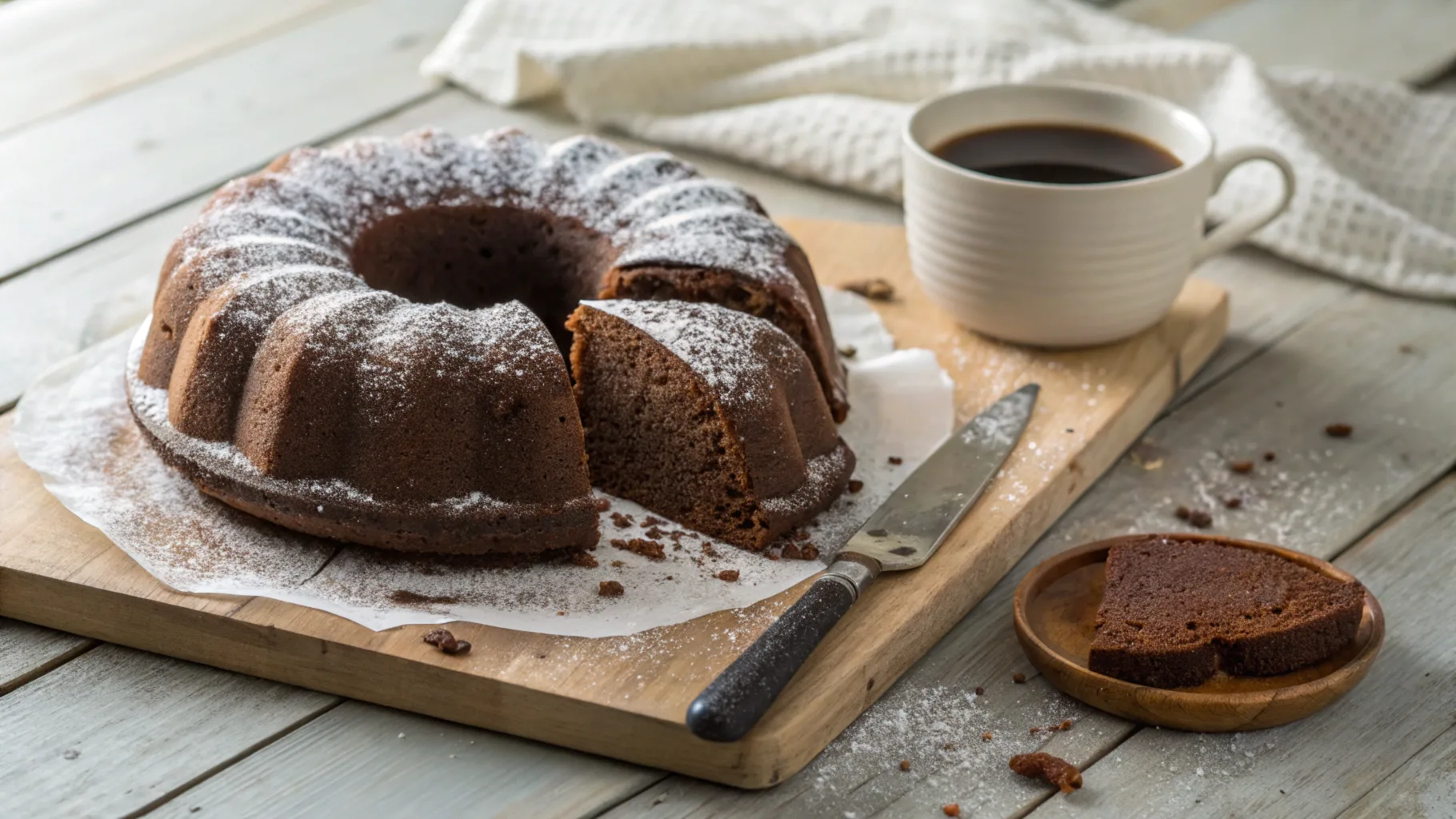 Overhead view of a freshly baked chocolate pound cake on a rustic table, dusted with powdered sugar and paired with coffee.