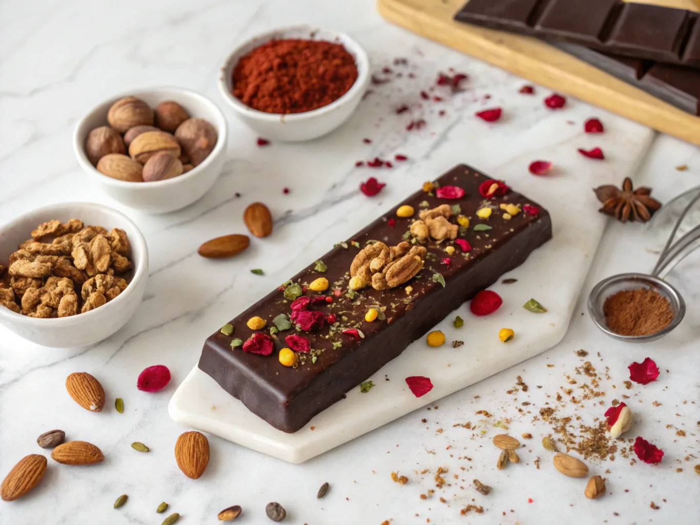 Luxurious Dubai chocolate garnished with pistachios, saffron, and edible gold flakes on a marble tray.