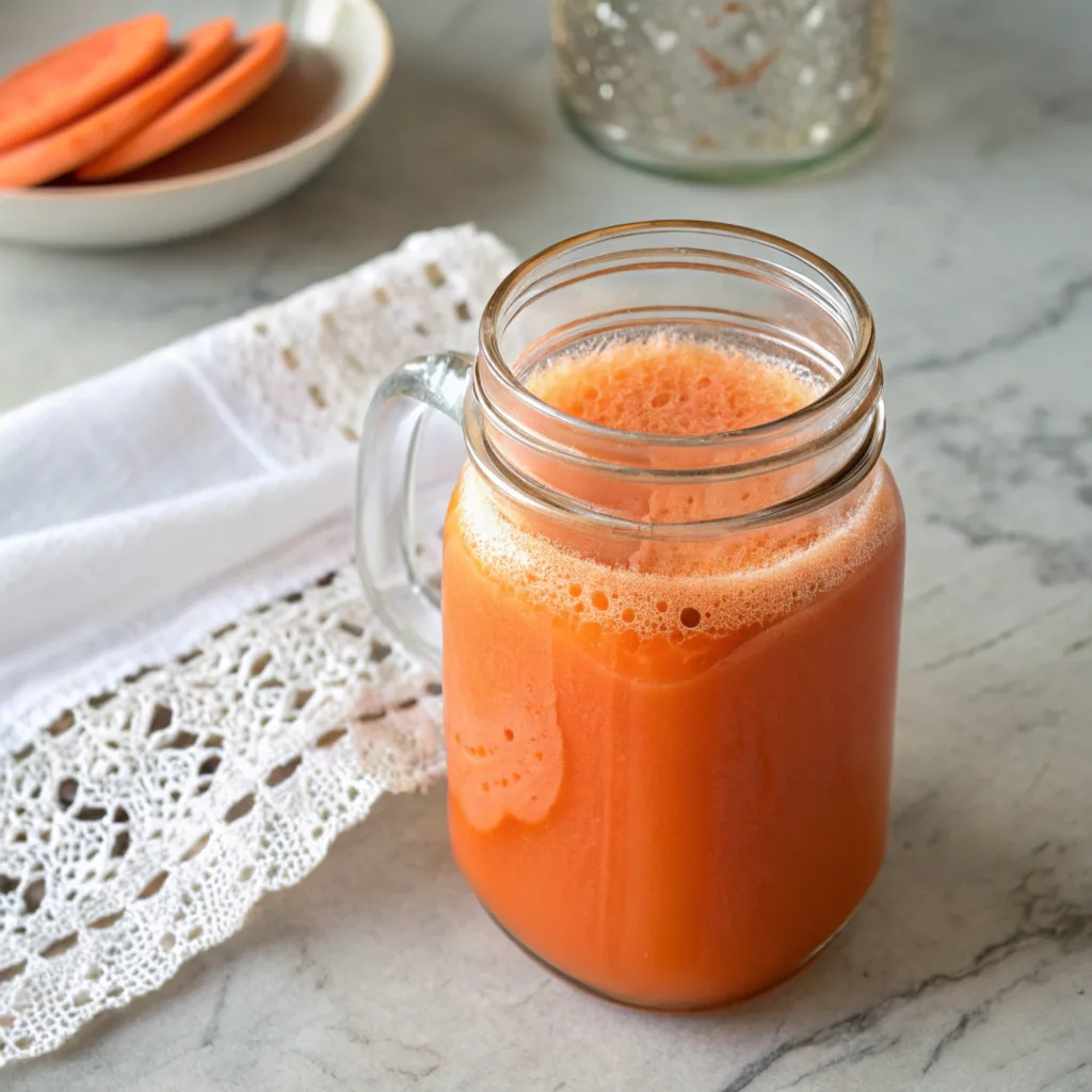 A glass of fresh carrot juice surrounded by whole carrots, ginger, and lemon.