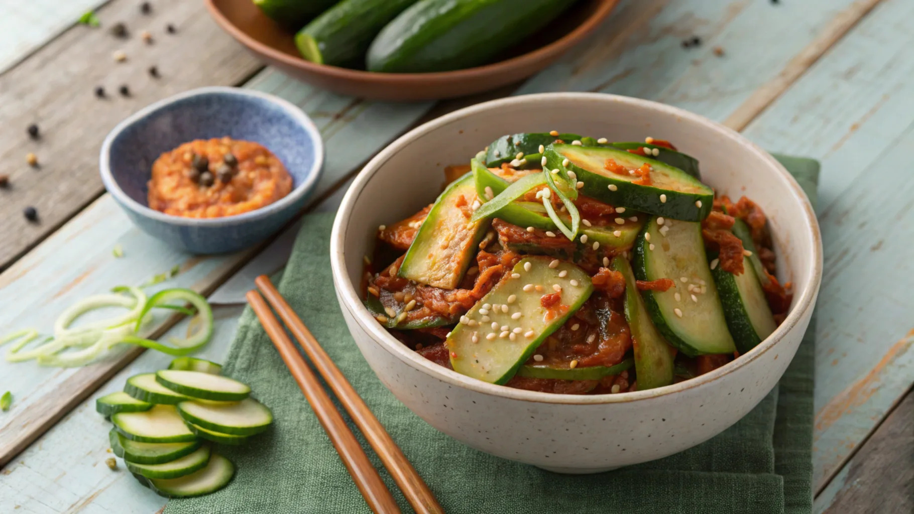 Bowl of fresh cucumber kimchi with red kimchi paste, sesame seeds, and green onions on a wooden table.