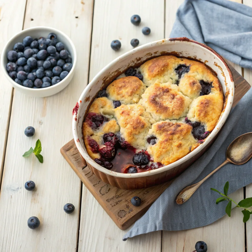 Warm blueberry cobbler topped with melting vanilla ice cream in a bowl.