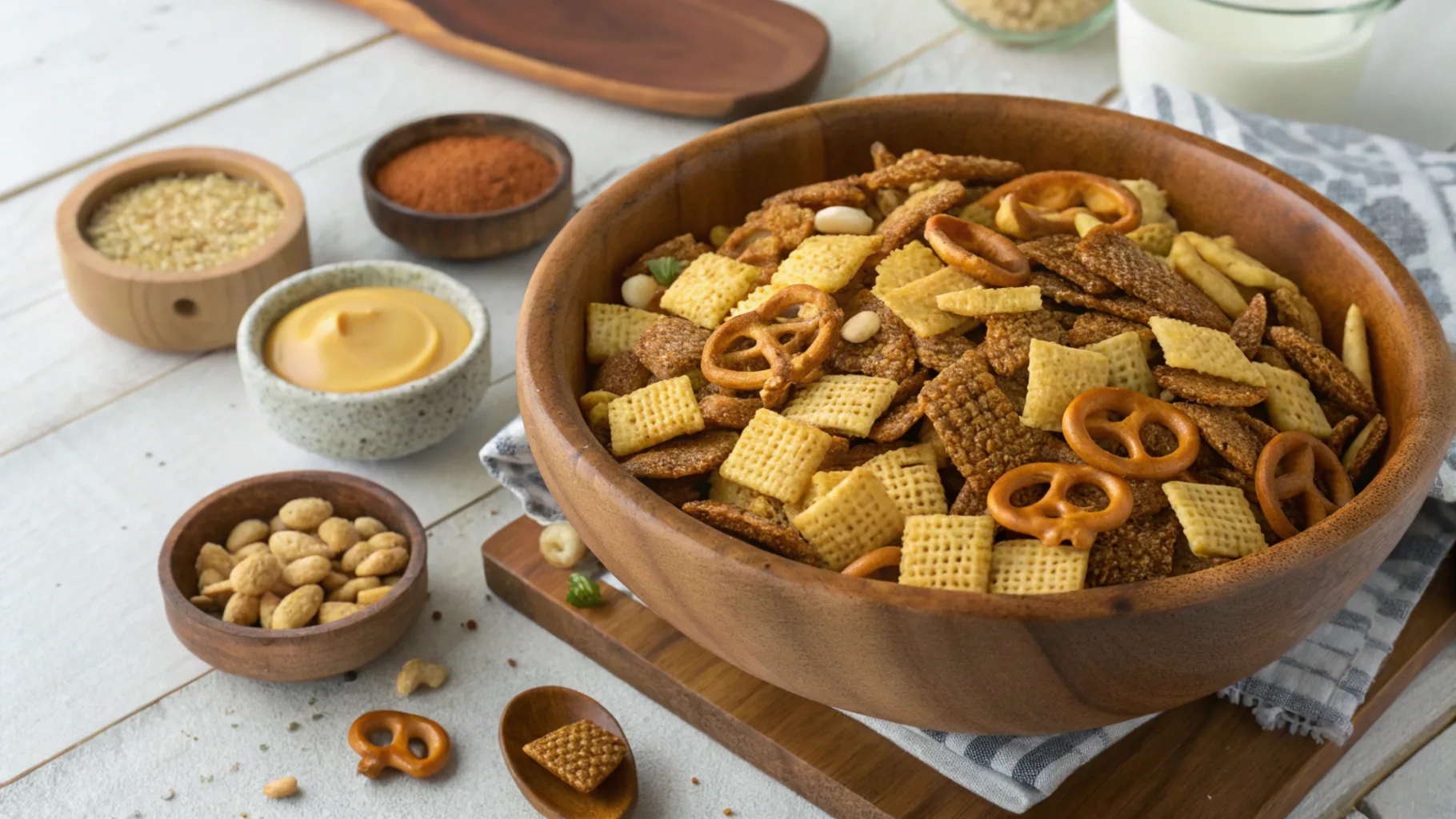 Golden oven-baked Chex Mix with pretzels, nuts, and bagel chips in a wooden bowl, surrounded by seasoning ingredients.