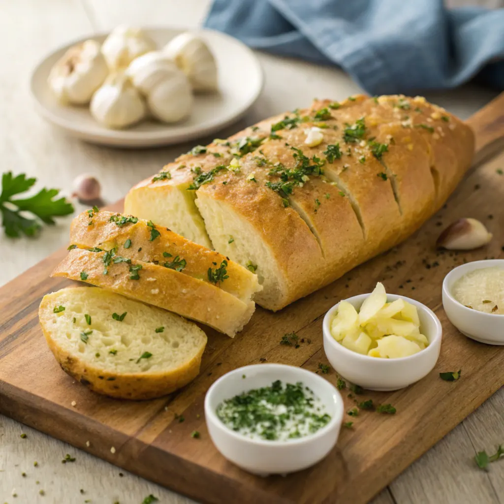 Freshly baked garlic bread with golden slices, butter, and herbs on a wooden board.