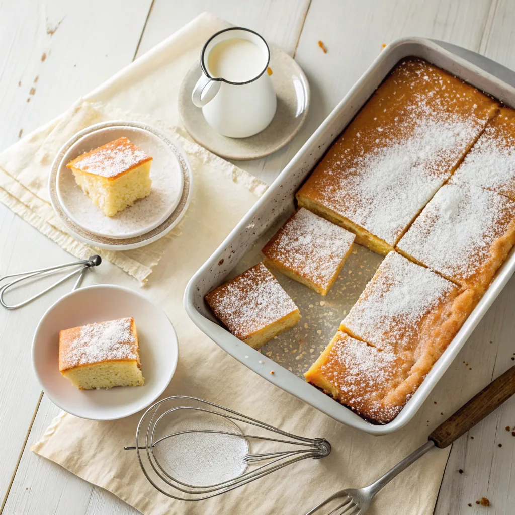 Freshly baked kefir sheet cake with powdered sugar on a rustic kitchen counter.