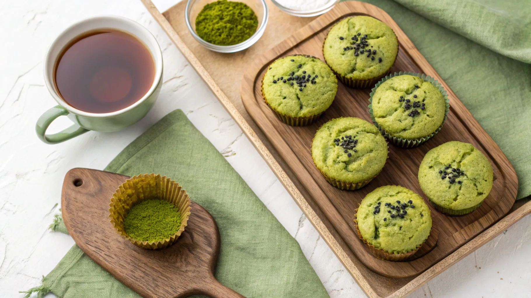 Overhead view of freshly baked matcha muffins made with almond flour, arranged on a wooden tray with a cup of matcha tea nearby.