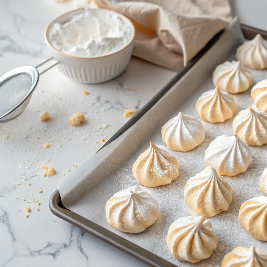 Freshly baked meringue cookies resting on parchment paper, highlighting their delicate texture.