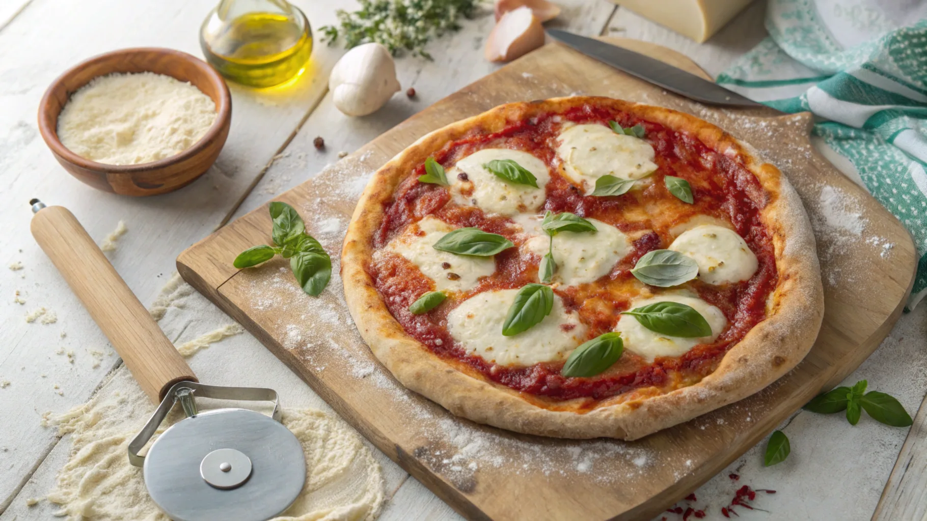 Freshly baked pizza with Mark's sweet pizza sauce, melted mozzarella, and basil on a wooden board.