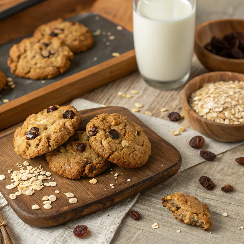 Freshly baked Quaker oatmeal cookies on a wooden surface with oats and milk.