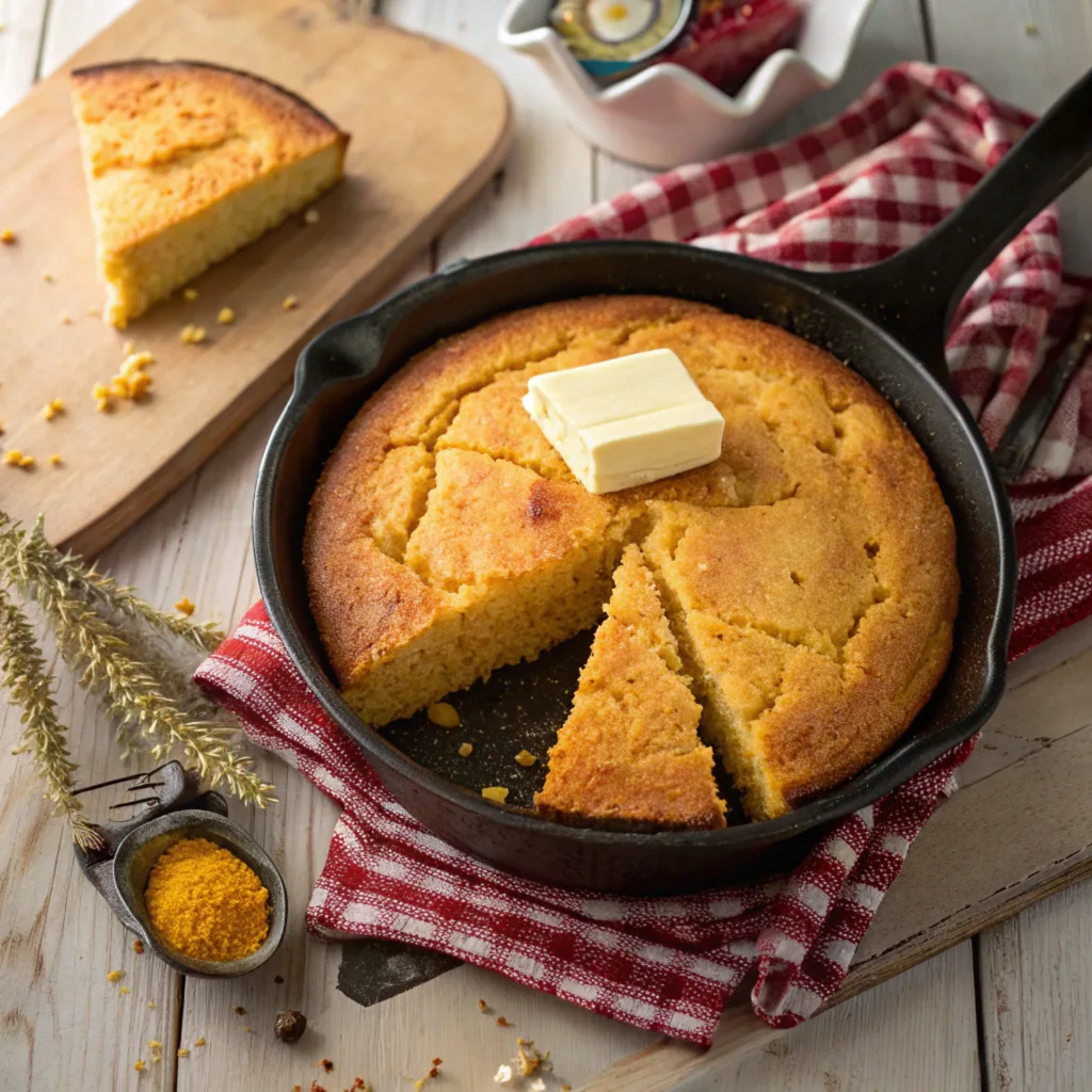 Freshly baked Southern cornbread in a cast-iron skillet with a slice cut out and butter melting on top.