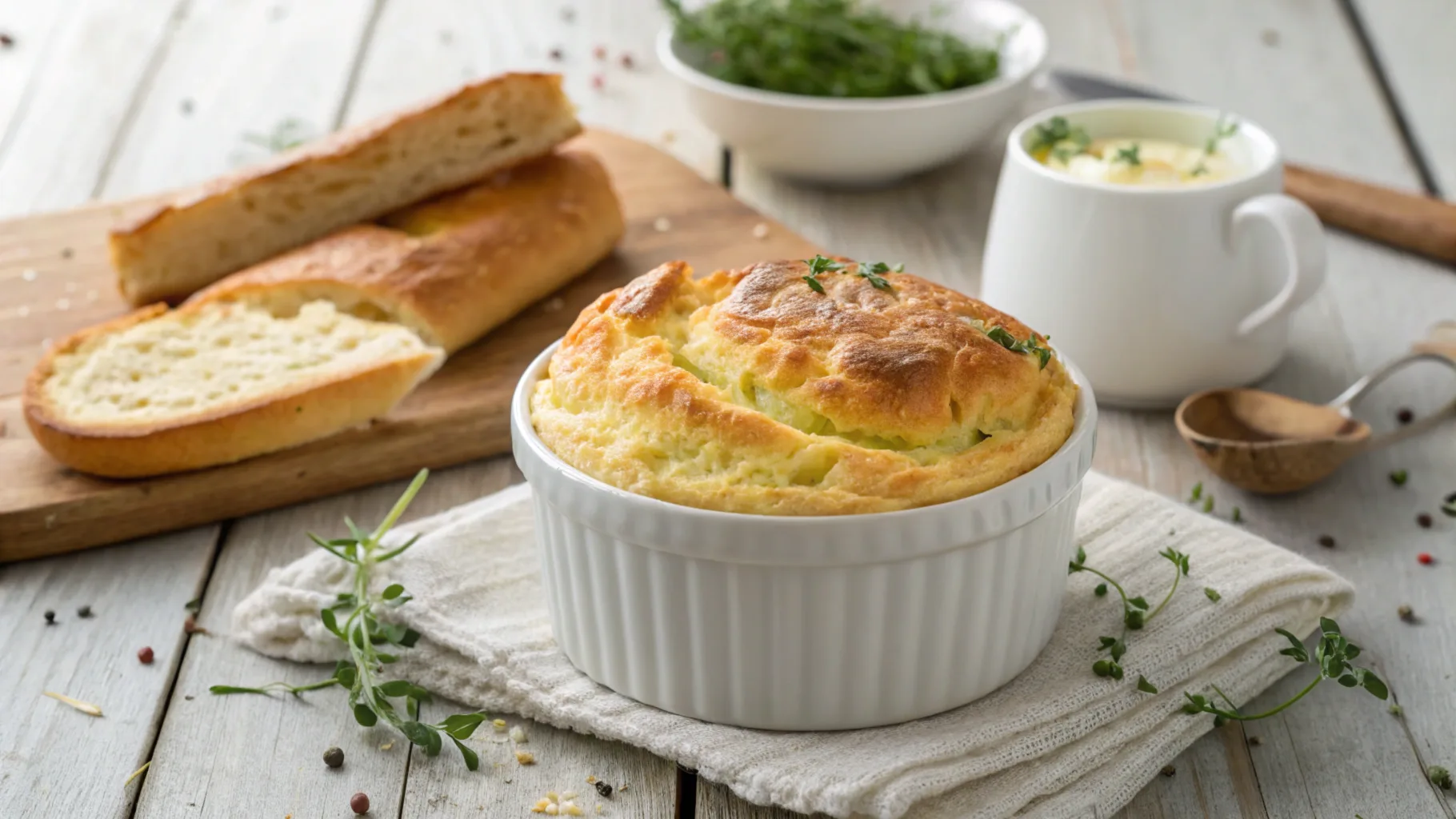 Fresh eggs, shredded cheese, bread cubes, milk, and spices arranged on a wooden surface.