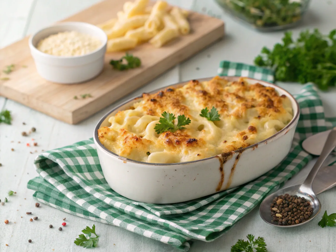 A bubbling golden-brown mac and cheese garnished with parsley in a baking pan, served on a rustic table.