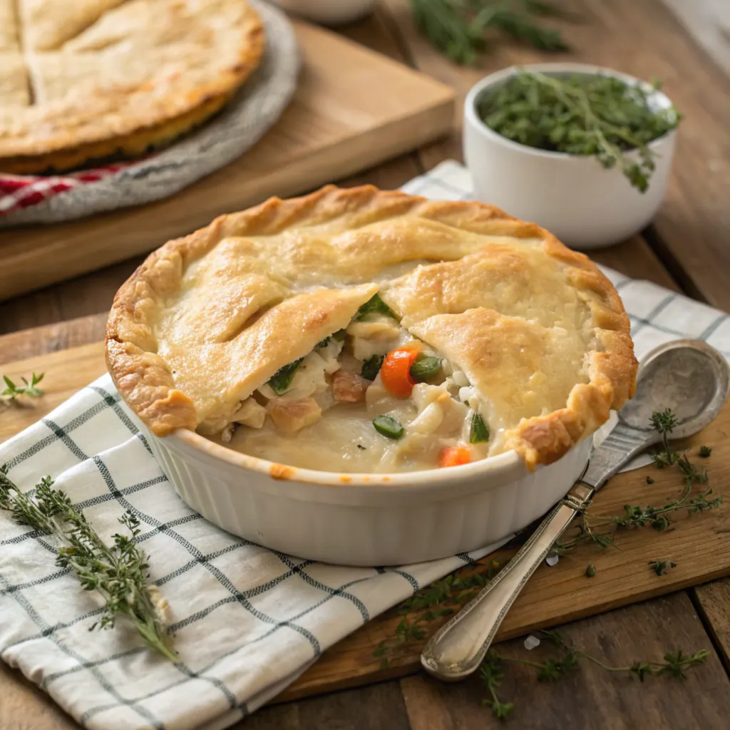 Freshly baked chicken pot pie with a golden crust, sliced open to show creamy chicken and vegetable filling.