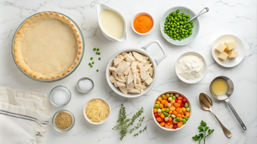 Ingredients for easy chicken pot pie recipe with cream of chicken soup.