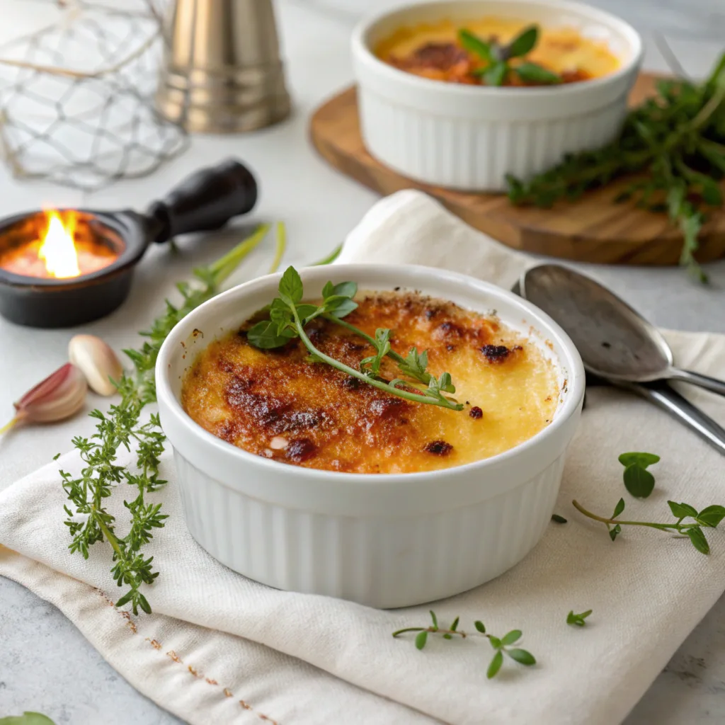 A golden crab brûlée with a caramelized sugar crust, garnished with herbs on a wooden table.