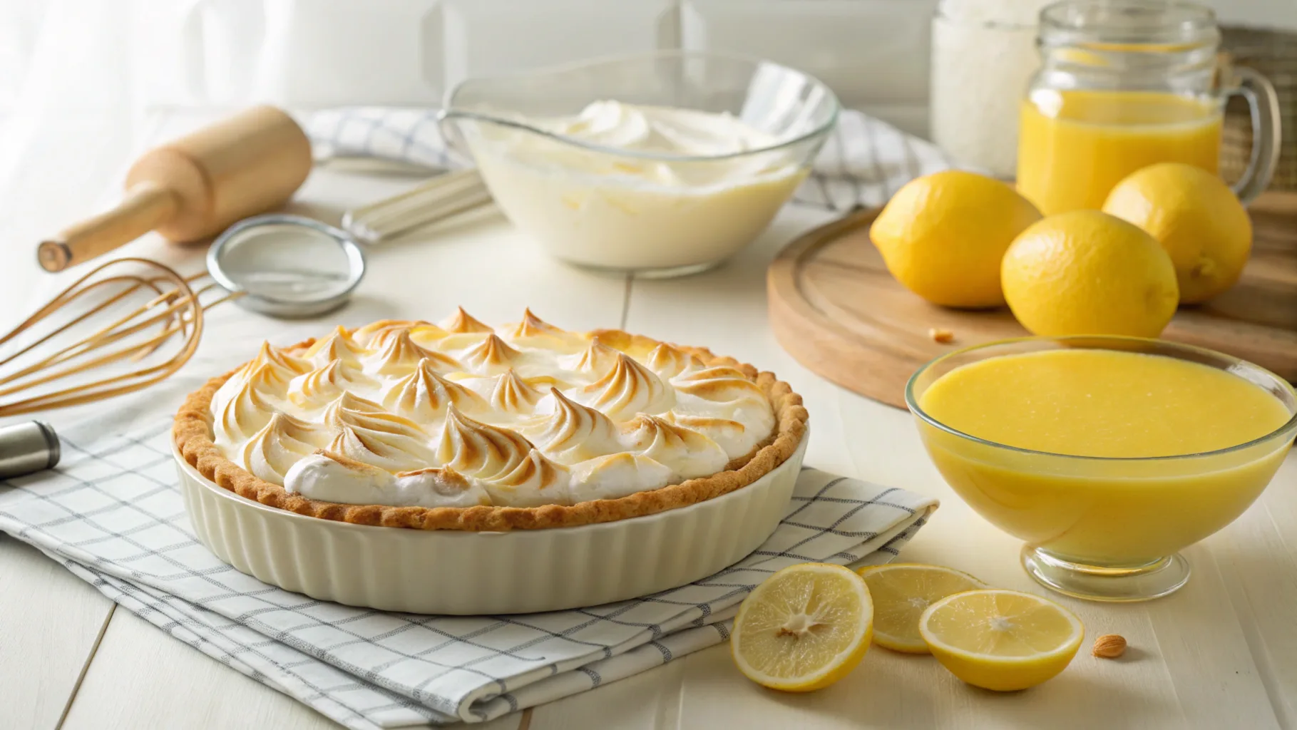 Golden lemon meringue pie with toasted meringue peaks and fresh lemons on a rustic surface.