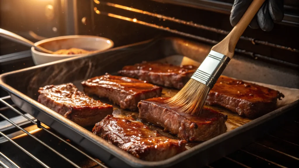 Raw country style beef ribs seasoned with a flavorful spice mix on a wooden cutting board.