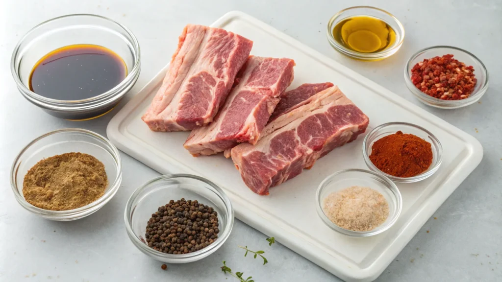 Ingredients for country style beef ribs including raw ribs, BBQ sauce, olive oil, and a spice mix on a wooden cutting board.