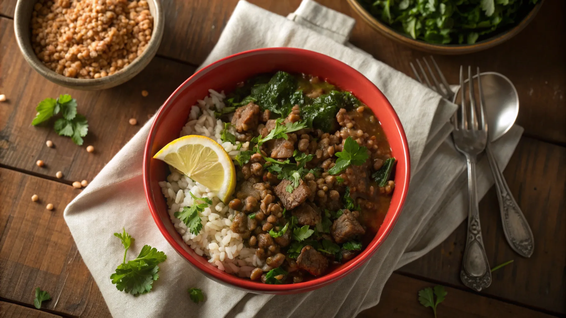 Featured image of a hearty lamb lentils recipe with rice and spinach, garnished with parsley and lemon.