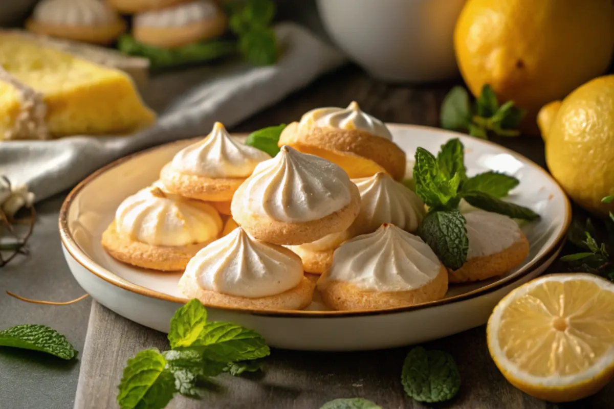 A plate of golden lemon meringue cookies with toasted peaks, surrounded by fresh lemons and mint leaves on a rustic wooden table.