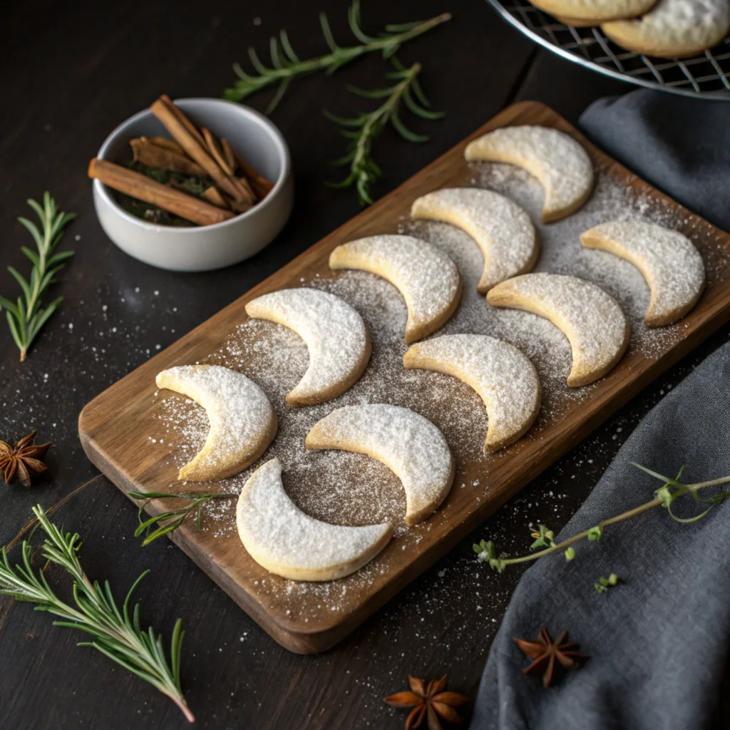 Crescent-shaped moon spell cookies with powdered sugar on a rustic board, with herbs and cinnamon nearby.