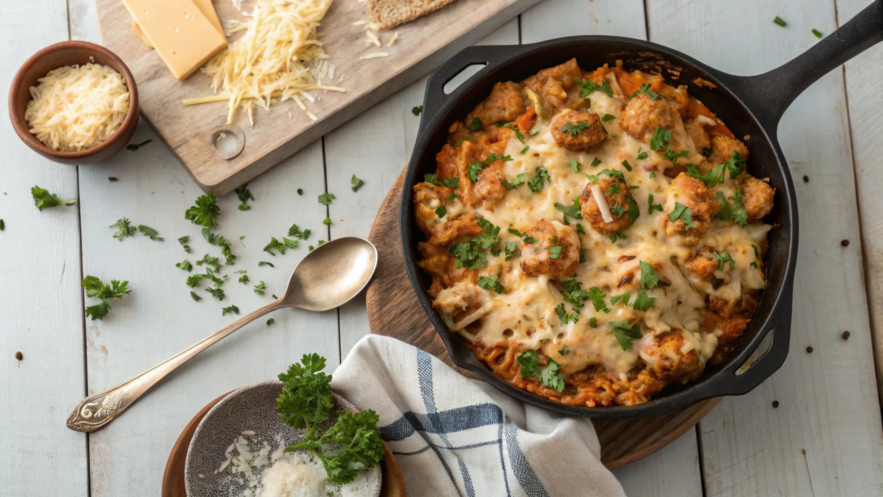 Overhead view of a cheesy ground chicken pasta skillet garnished with parsley.