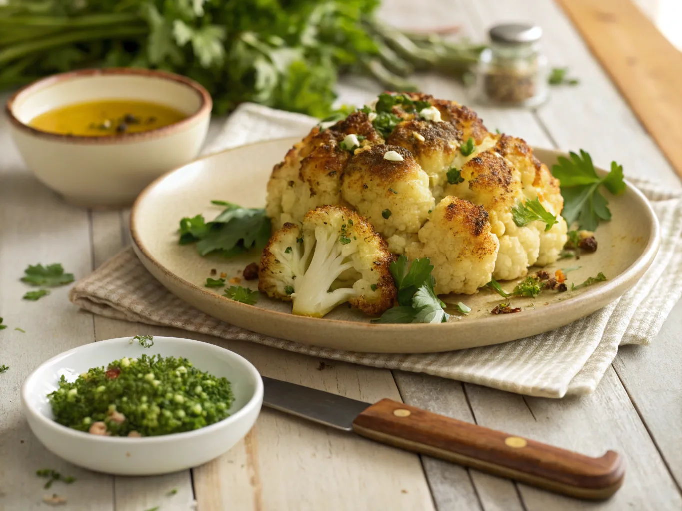 Pan-seared lion's mane mushrooms garnished with parsley on a rustic table.