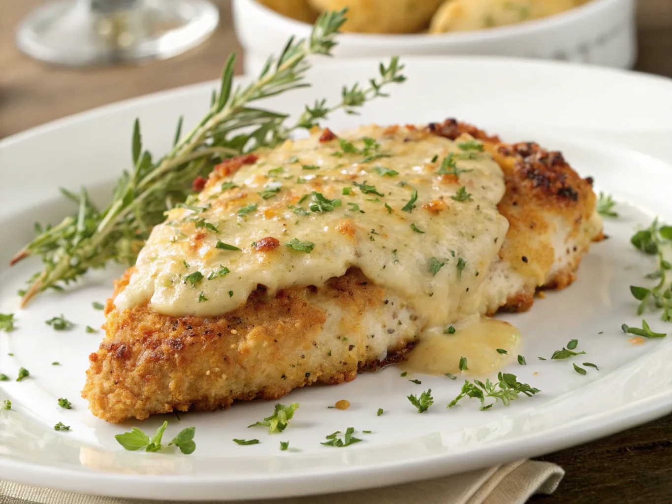 Parmesan crusted chicken with golden topping on a white plate, served with roasted vegetables and ranch dressing.