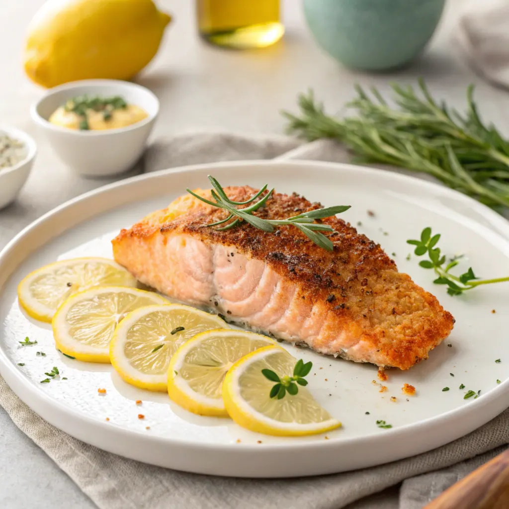 Close-up of a golden-brown salmon steak garnished with lemon and fresh herbs.