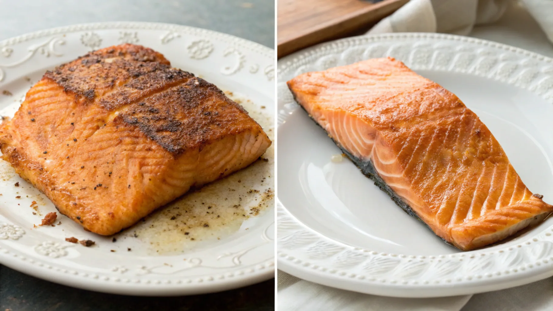 Golden pan-fried salmon garnished with dill and lemon on a white plate.