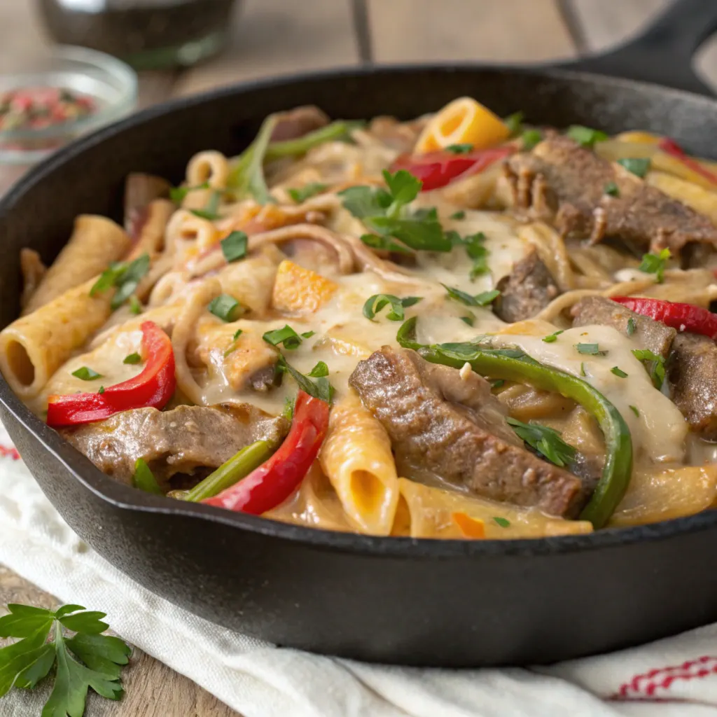 A sizzling skillet showcasing tender steak slices, caramelized onions, and vibrant peppers being prepared for a creamy pasta dish.