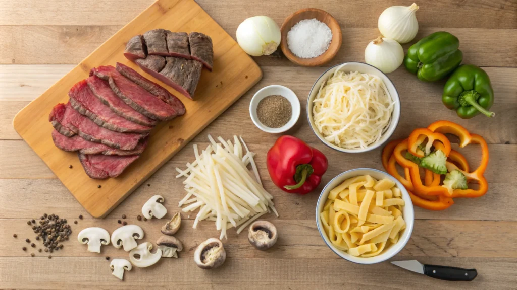 Skillet with thinly sliced steak, caramelized onions, and bell peppers being sautéed for Philly Cheesesteak Pasta