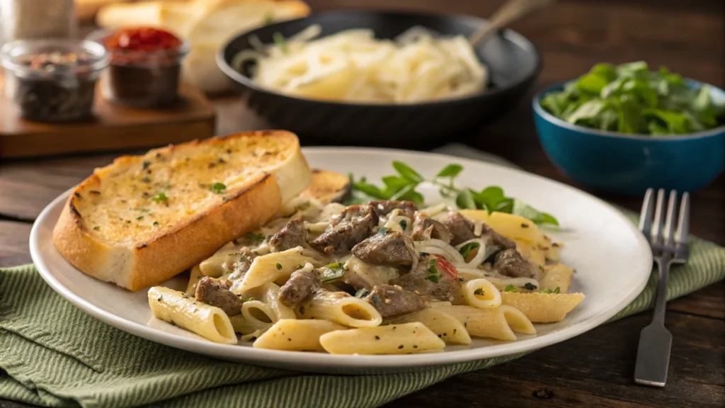 A family-style dinner table with a bowl of Philly Cheesesteak Pasta, garlic bread, and green salad.