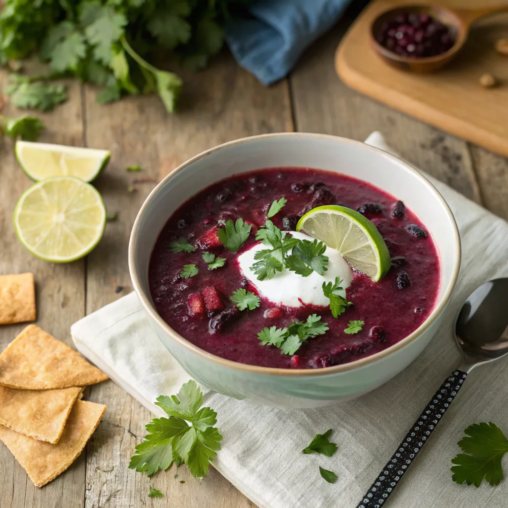 A vibrant bowl of purple bean soup garnished with avocado, cilantro, and lime wedges on a rustic wooden table.