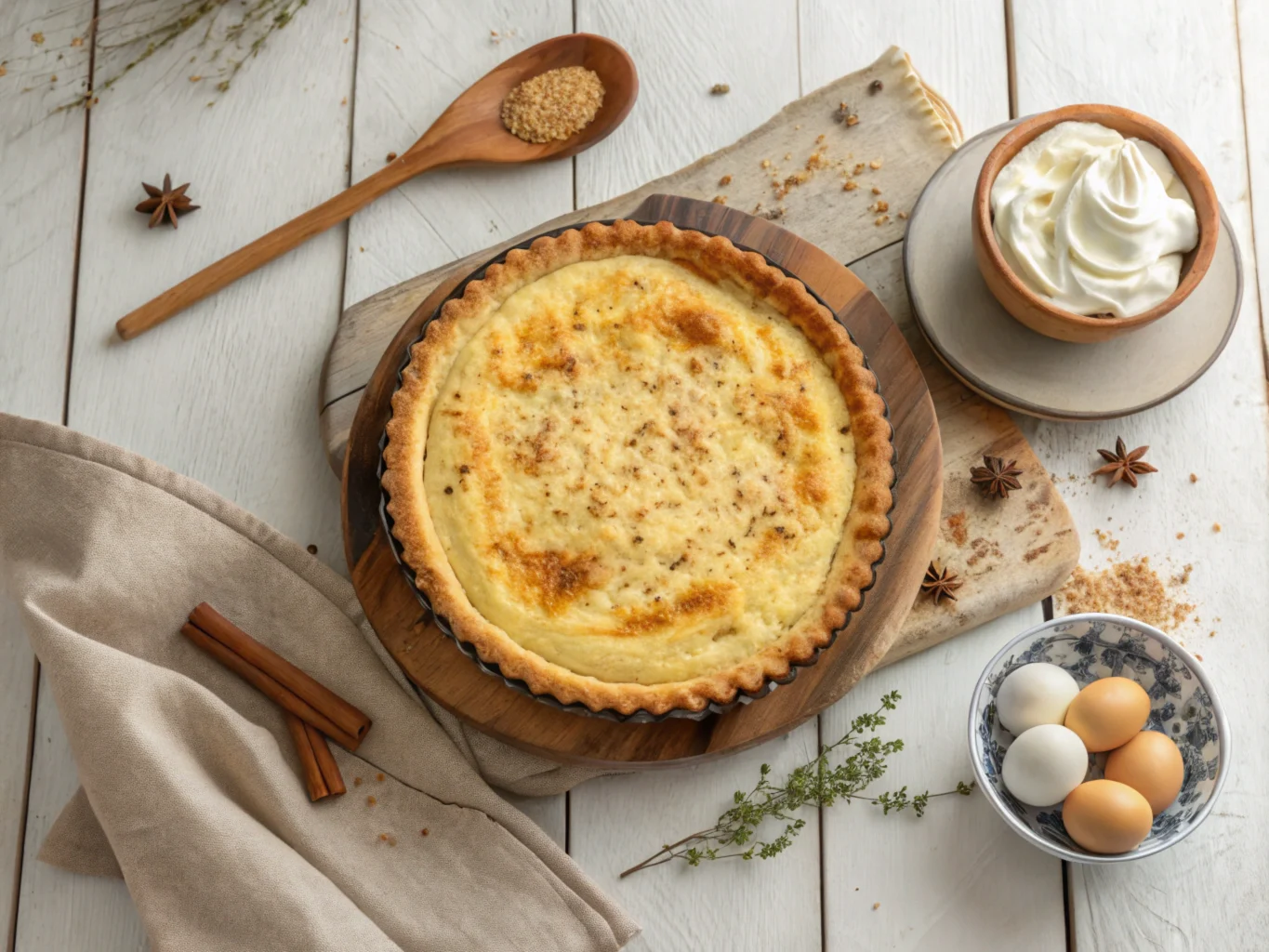 A golden-baked cottage cheese pie with nutmeg, served on a rustic table with whipped cream nearby.