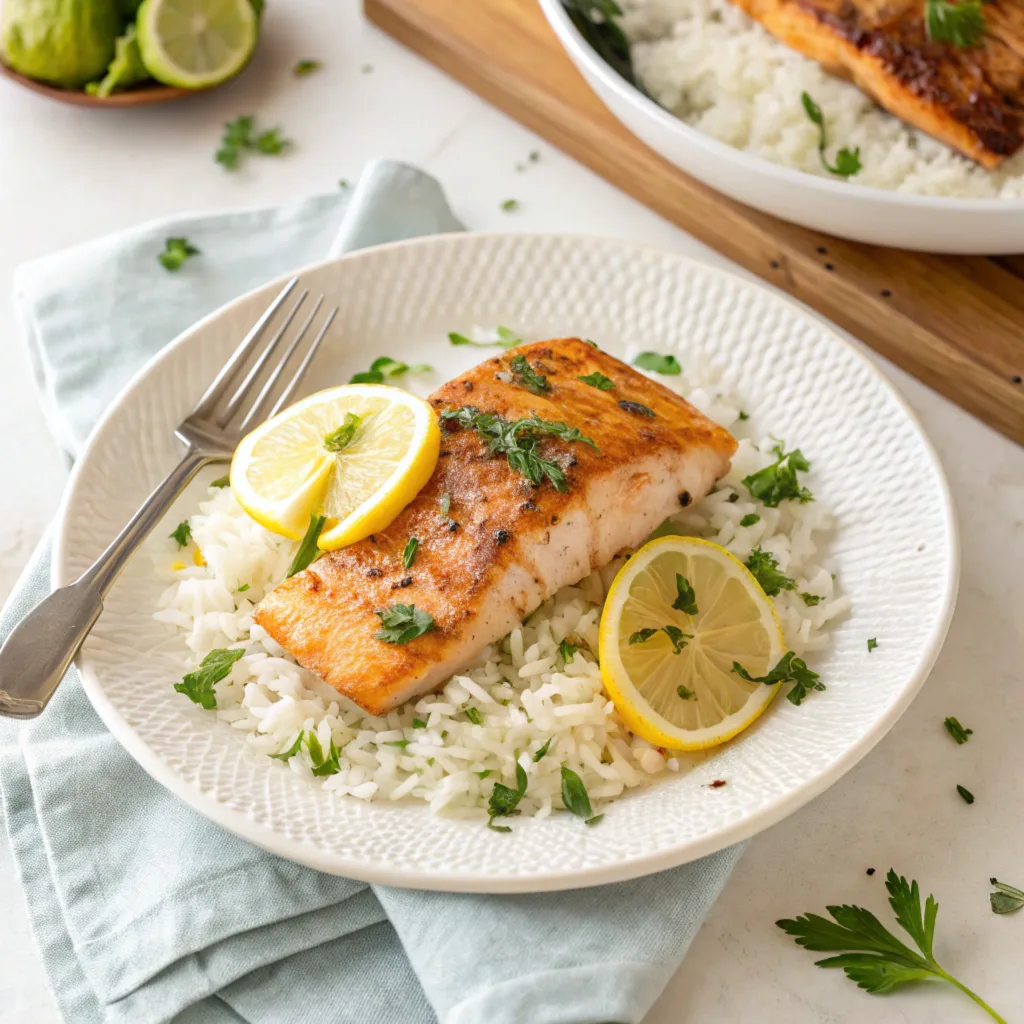 Featured image of a salmon and rice recipe with lemon slices and herbs on a white plate.