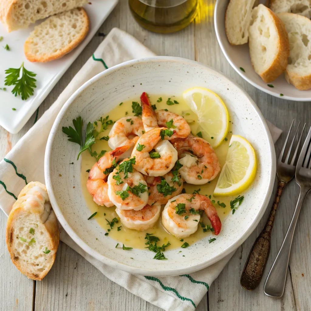 Close-up of shrimp scampi in garlic butter sauce garnished with lemon and parsley.