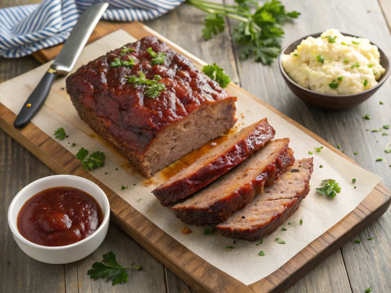 A smoked meatloaf with a crispy crust, sliced on a wooden board with parsley and BBQ sauce.