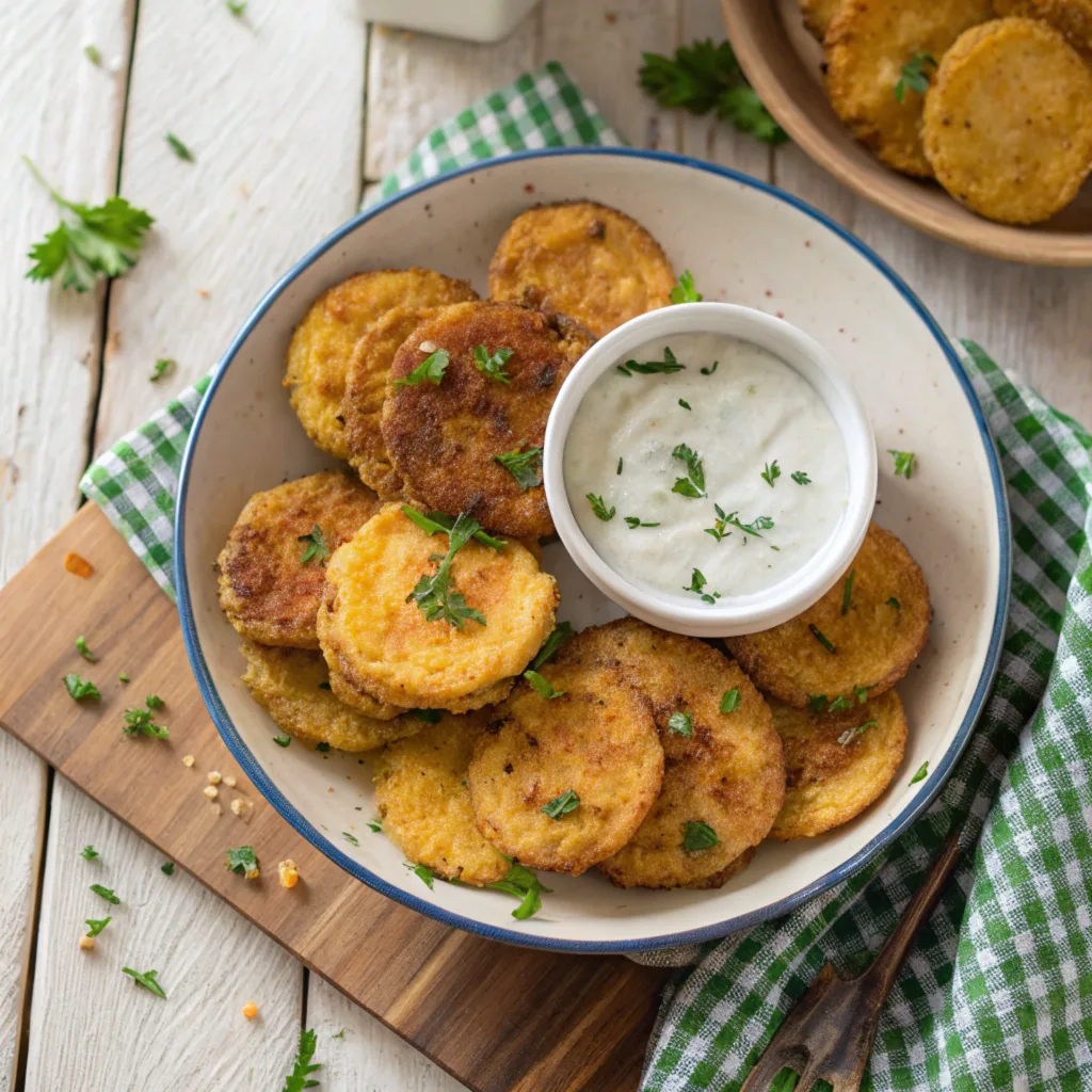 Golden fried squash recipe with ranch dip.