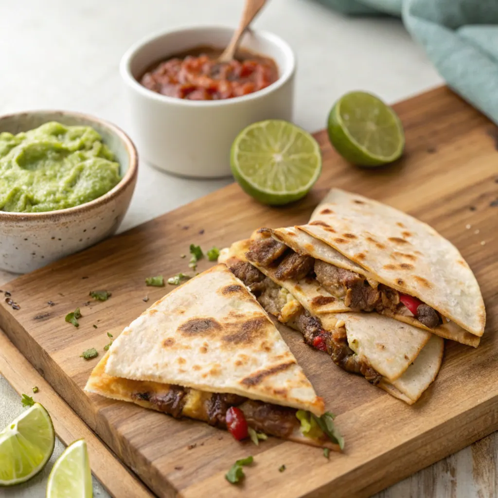 A close-up view of a steak quesadilla with melted cheese and Mexican sides.