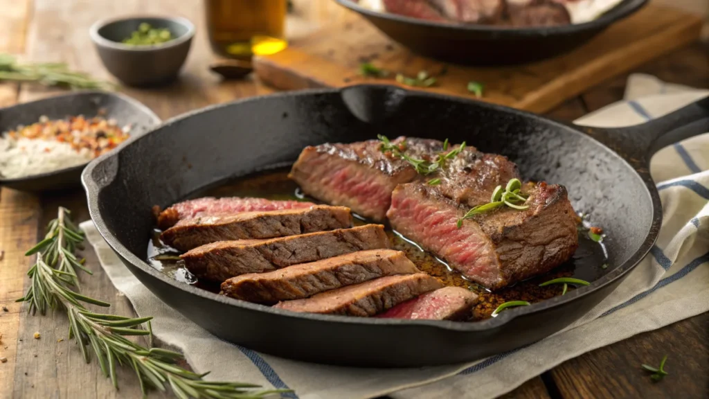 Steak searing in a cast-iron skillet with garlic and herbs.