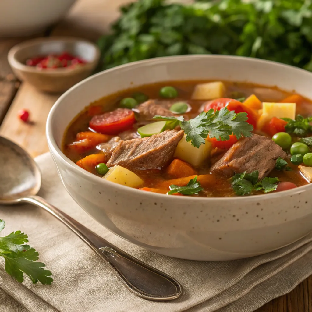 A steaming bowl of chopt soup with vegetables, meat, and garnished with parsley on a rustic wooden table.